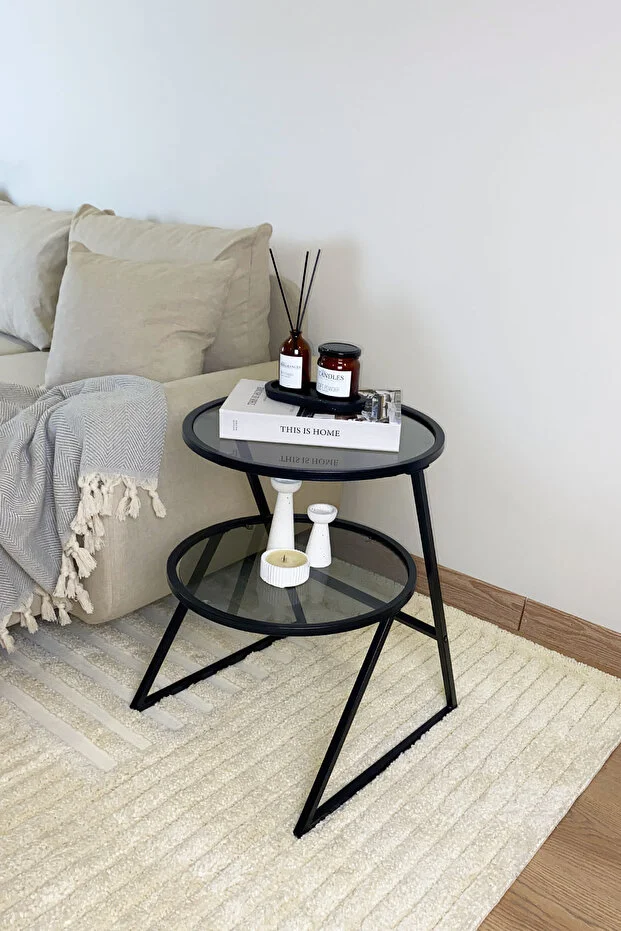 Valencia Yan Sehpa - Siyah Metal Füme Camlı Çok Amaçlı Yan Sehpa